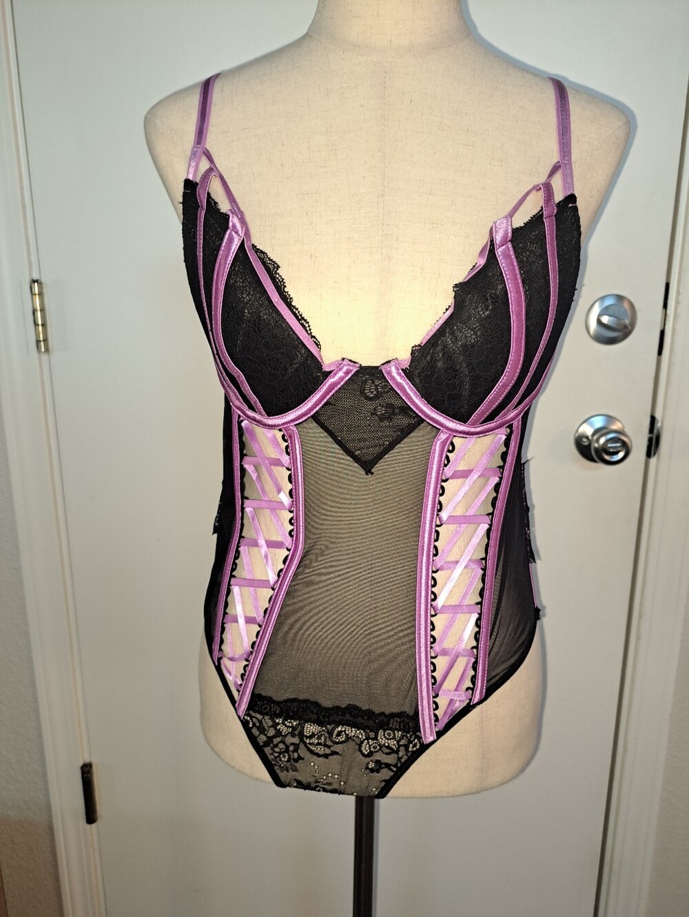 Shirley Of Hollywood Mesh Lace-up Corset Teddy